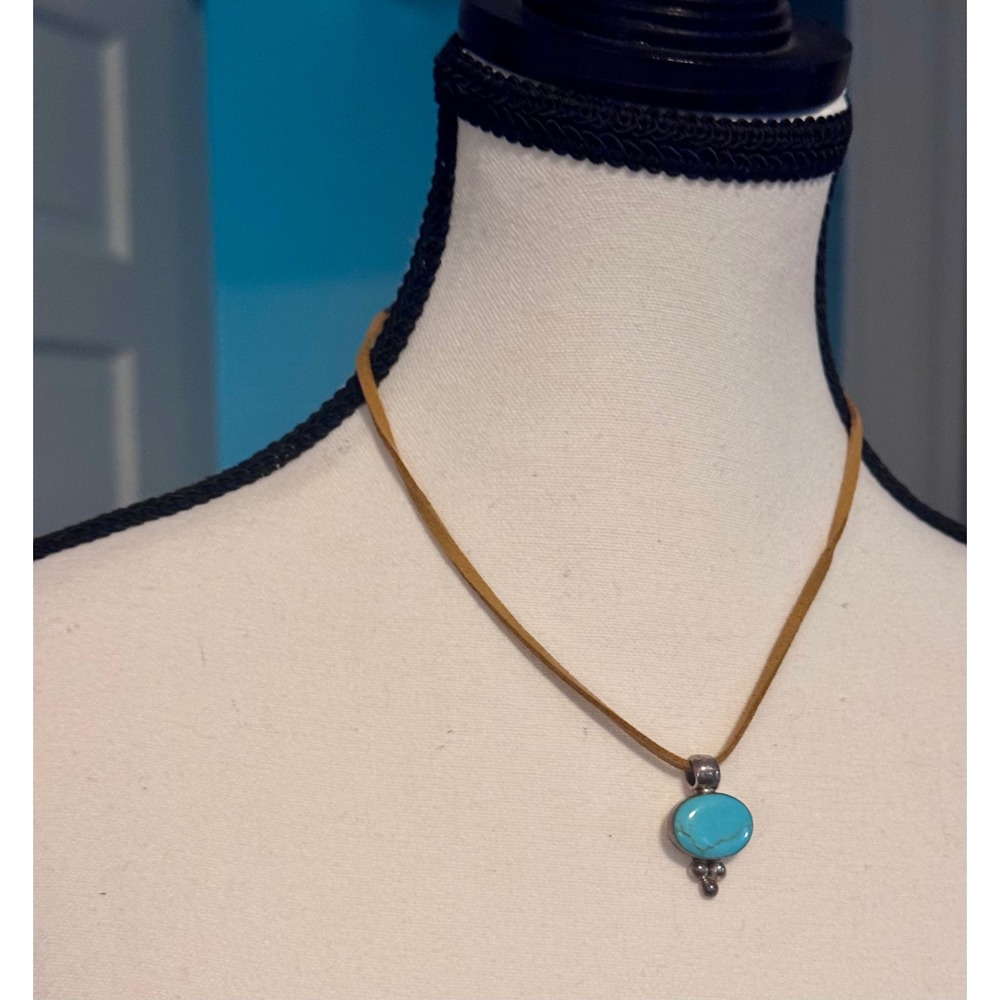 Vintage ATI Mexico 925 Sterling Silver Blue Howlite Pendant Necklace Cord - Picture 2 of 8